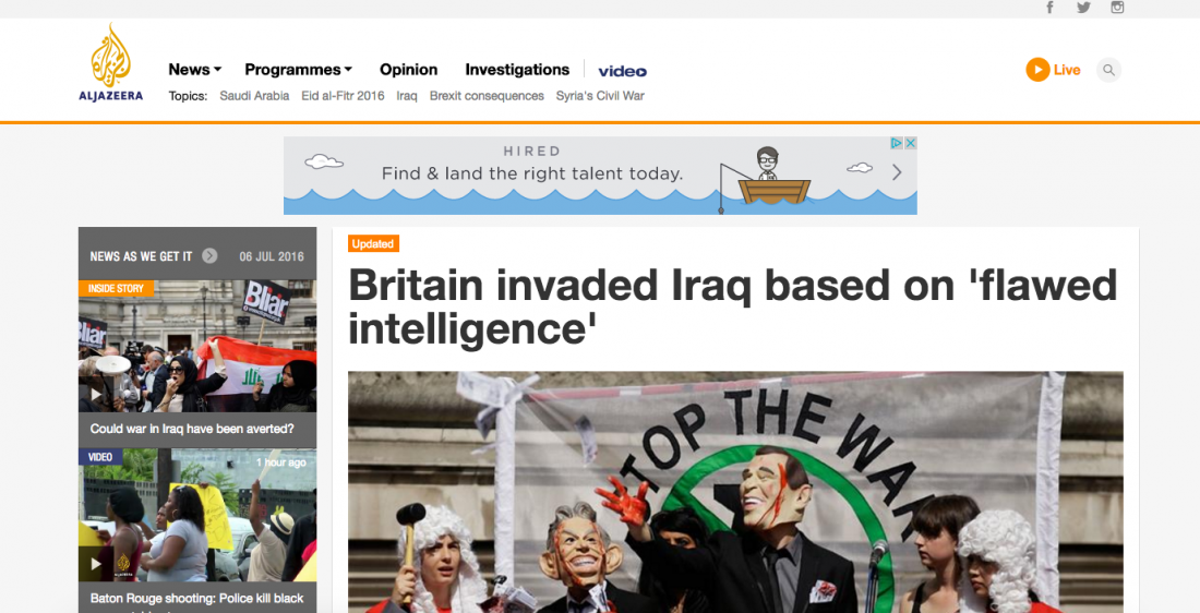 Al Jazeera front page - Chilcot Inquiry