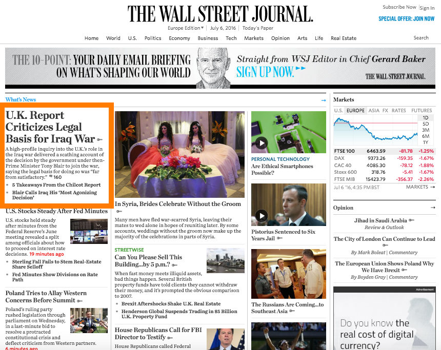 The Wall Street Journal front page on day of Chilcot Inquiry