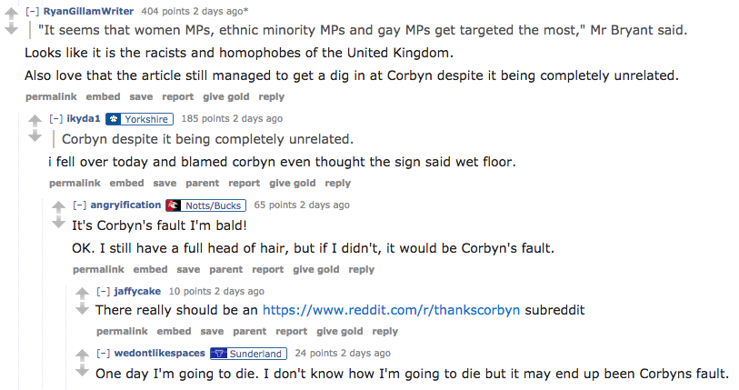 Reddit Reaction to Jerermy Corbyn being apported blame for death threats
